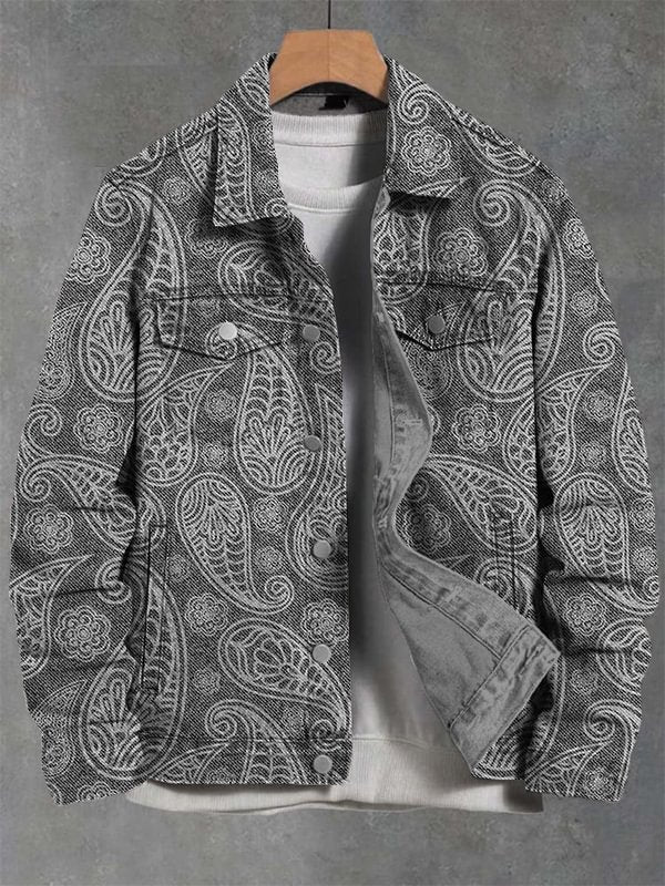 Men's Classic Paisley Patterns Print Denim-Like Long Sleeve Shirt
