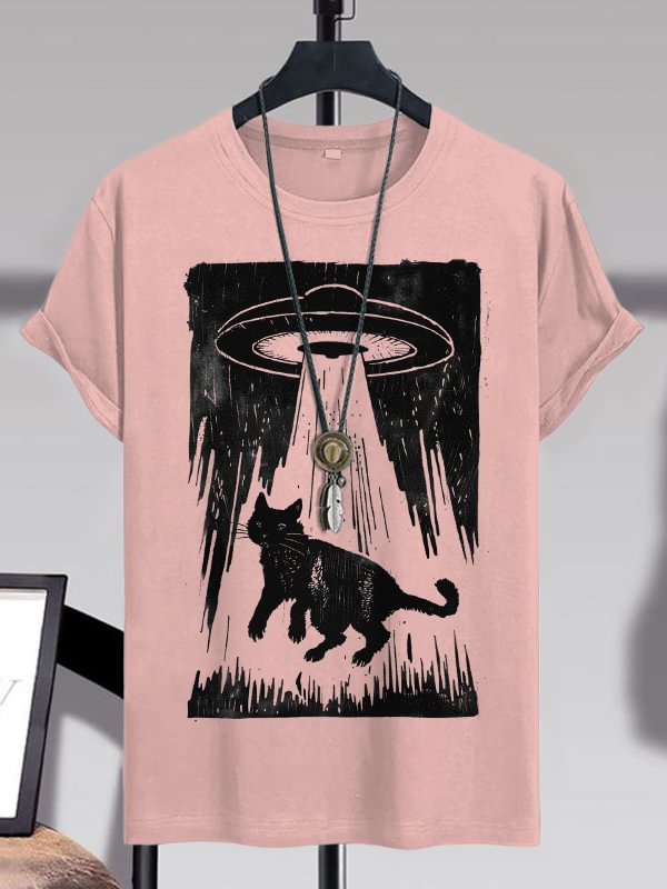 Men's Retro Cat Taken Away By UFO Art Print Cotton Casual T-Shirt