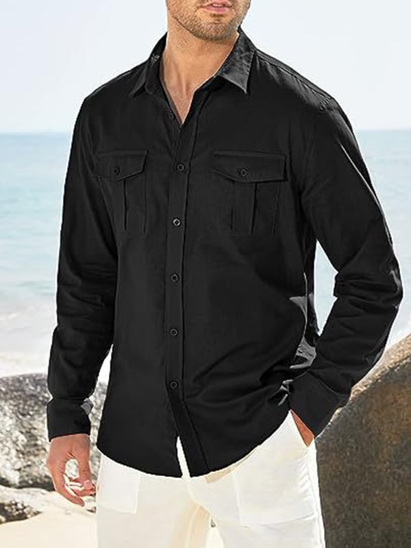 Men's Casual Chest Pockets Single Breasted Long Sleeve Shirt
