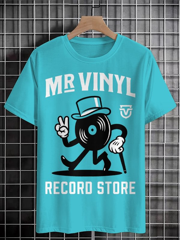 Men's Mr Vinyl Record Store Print Cotton Casual T-Shirt