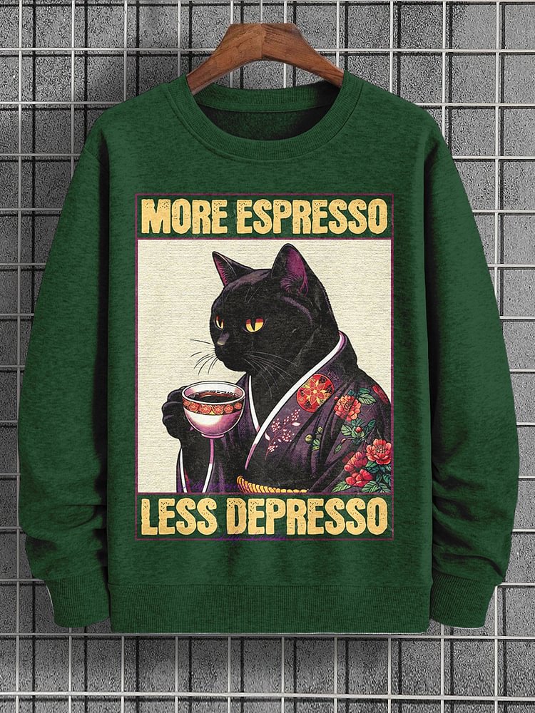 Men's More Espresso Less Depresso Kimono Cat Japanese Art Print Casual Sweatshirt