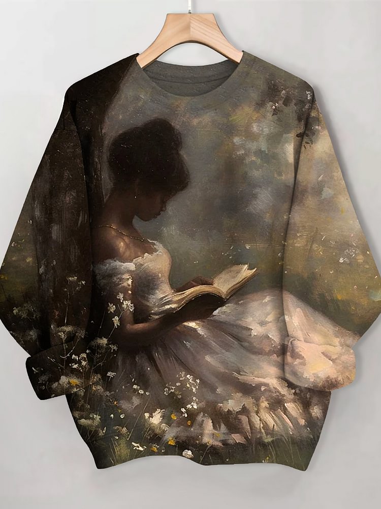 Women's Reading Under The Tree Oil Painting Print Casual Sweatshirt