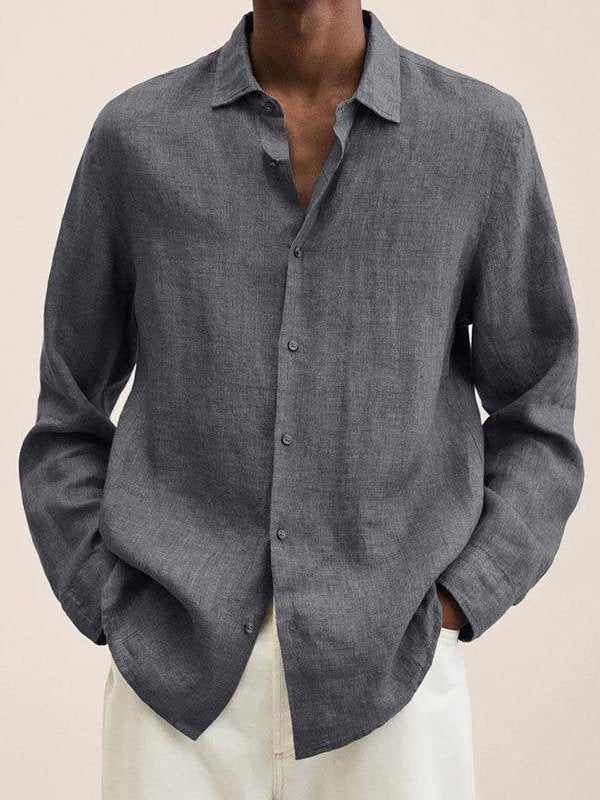Men's Solid Turndown Collar Cotton And Linen Loose Shirt