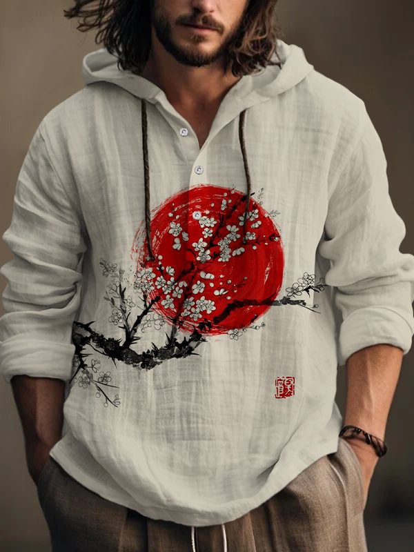 Men's Sunrise Plum Blossom Japanese Art Print Hooded Shirt
