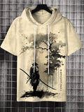 Men's Vintage Japanese Samurai Ink Painting Print Hooded T-shirt