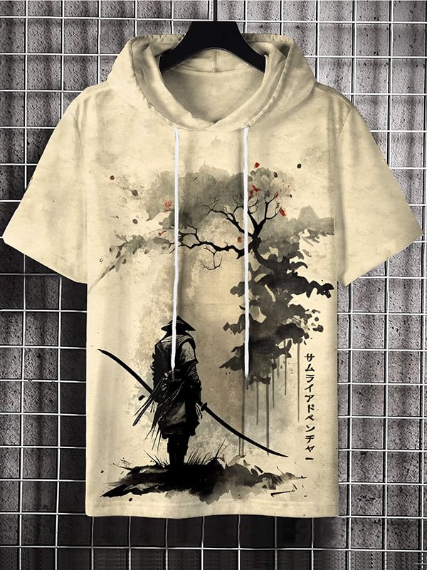 Men's Vintage Japanese Samurai Ink Painting Print Hooded T-shirt