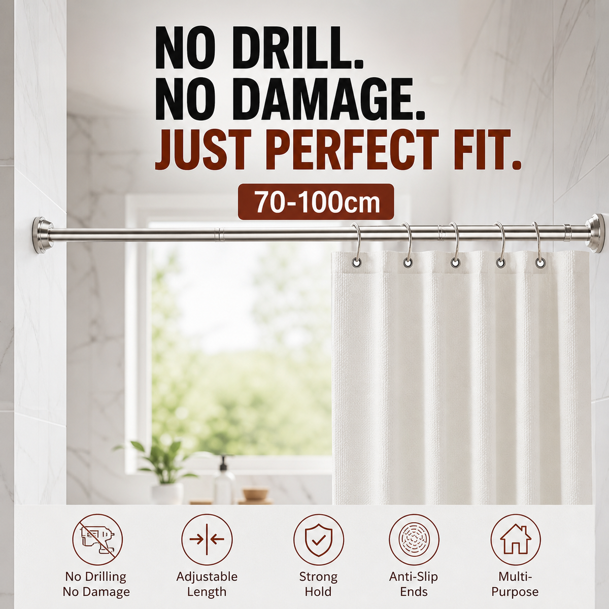 🧥50% OFF NOW! Adjustable No‑Drill Tension Rod, 70‑100cm Spring Tension Clothes Hanging Rod, No‑Damage Non‑Slip Closet Curtain Rod, Max 15KG Load for Wardrobe, Bathroom