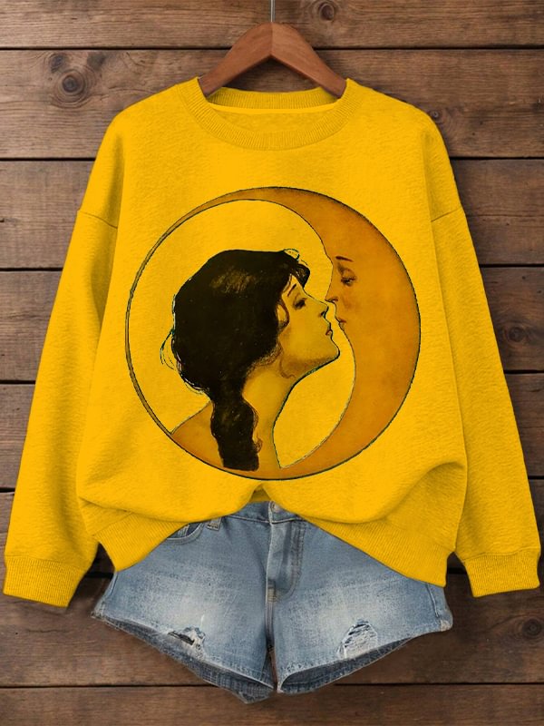Women's Woman Kissing Moon Art Print Cotton Long Sleeve T-Shirt Thin Sweatshirt