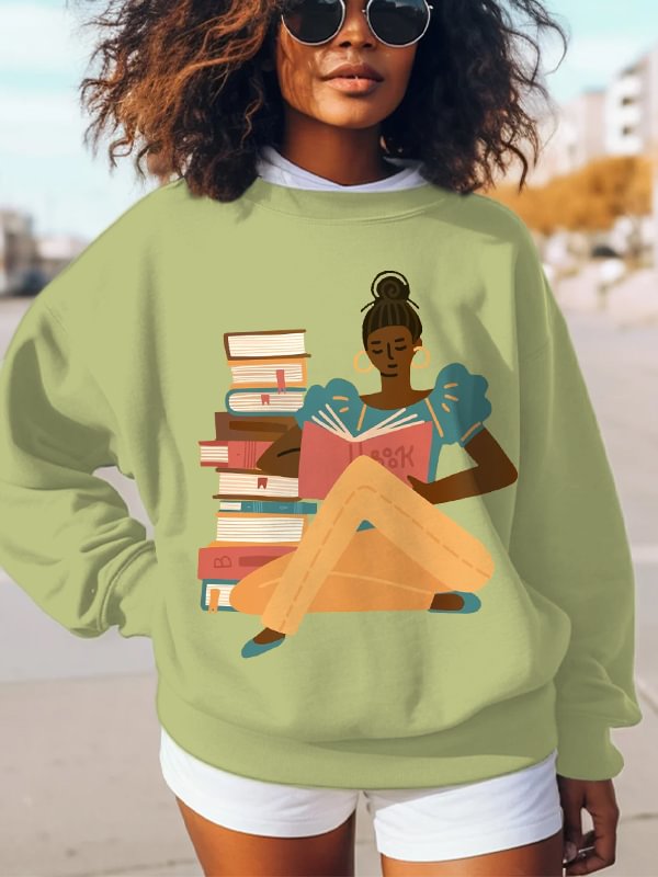 Women's Girl Reading Print Cotton Long Sleeve T-Shirt Thin Sweatshirt