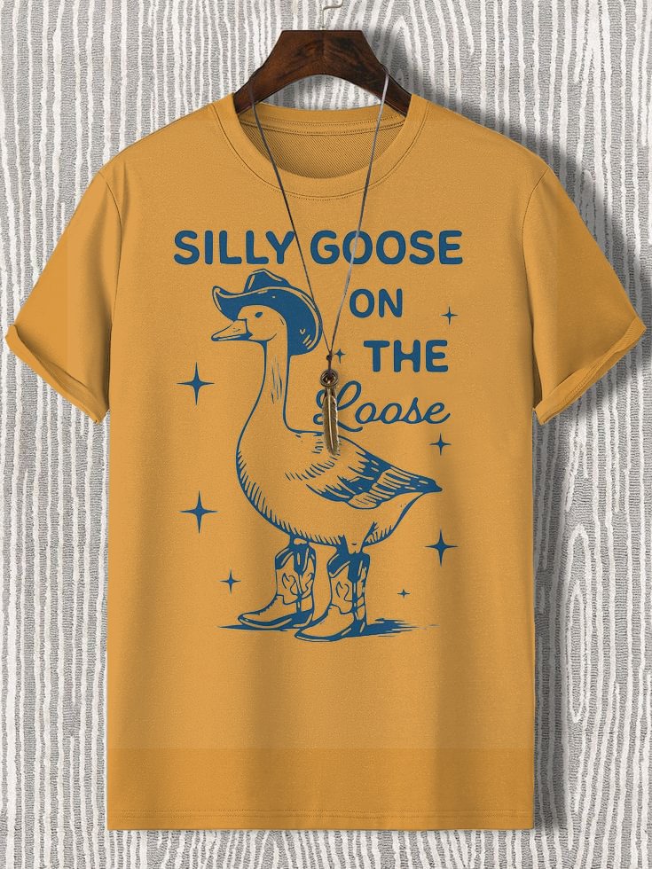 Men's Western Silly Goose Illustration Print Cotton Casual T-Shirt