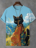 Men's Black Cat Kimono Samurai Ghibli Nature Art Print T-Shirt