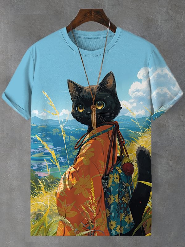 Men's Black Cat Kimono Samurai Ghibli Nature Art Print T-Shirt