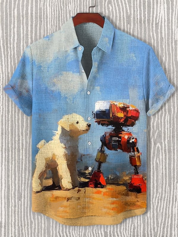 Men's Puppy And Robot Oil Painting Print Shirt