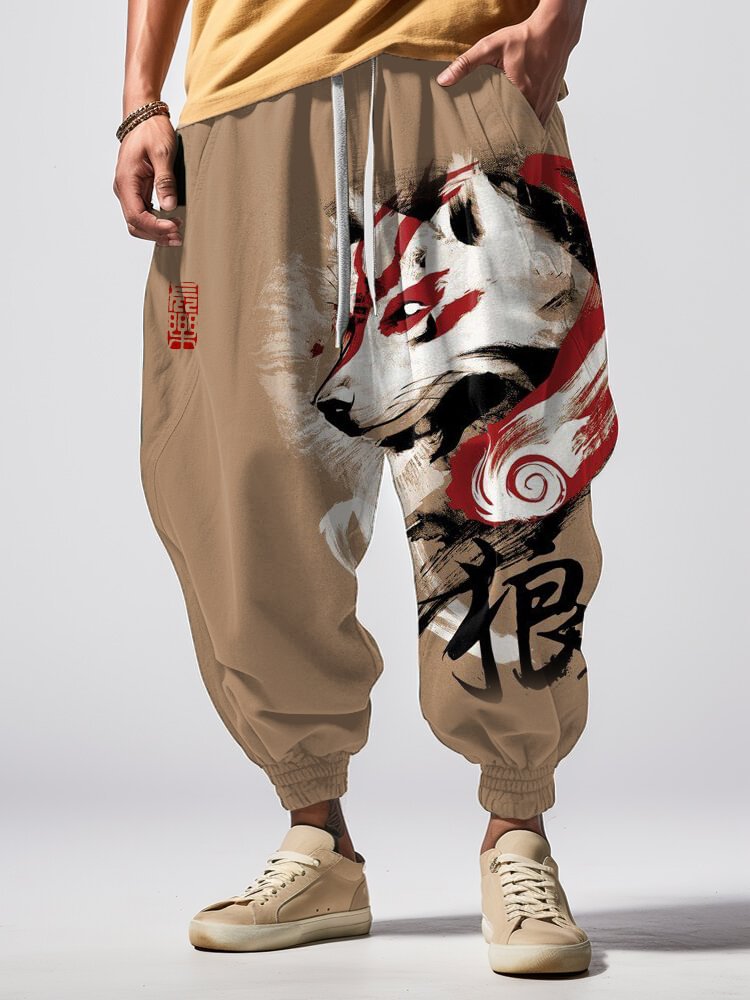 Men's Japan Mysterious Wolf Ink Painting Loose Drawstring Waist Sweatpants