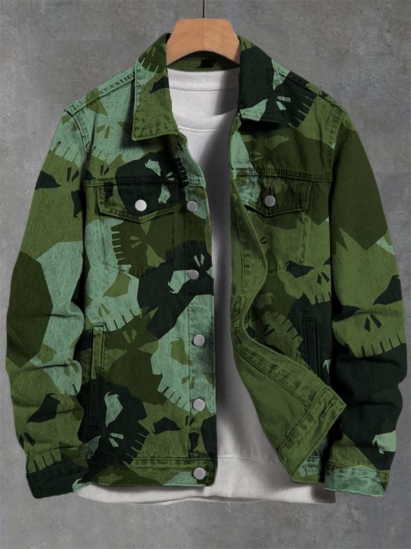 Men's Skull Camouflage Print Denim-Like Long Sleeve Shirt