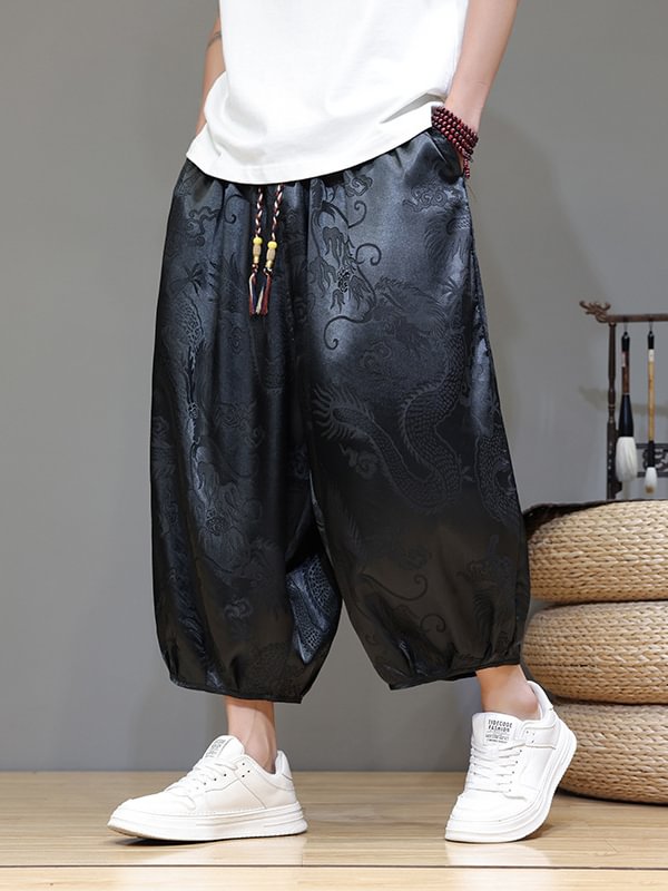 Men's Casual Dragon Pattern Jacquard Drawstring Waist Crop Harem Pants