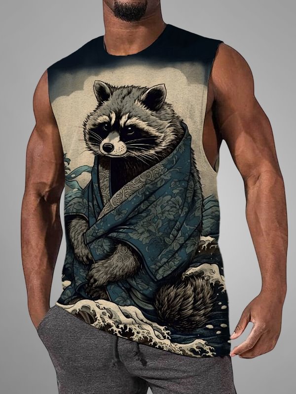 Men's Raccoon Rough Sea Waves Japanese Art Printed Tank Top