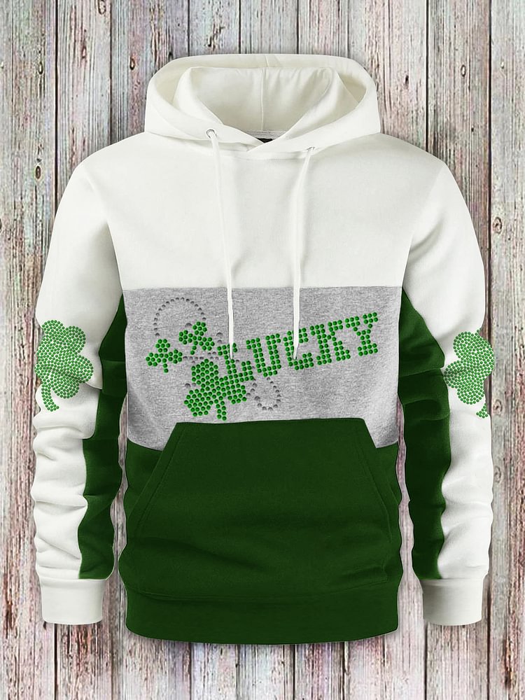 Men's St Patrick's Day Lucky Shamrock Print Color Block Hoodie