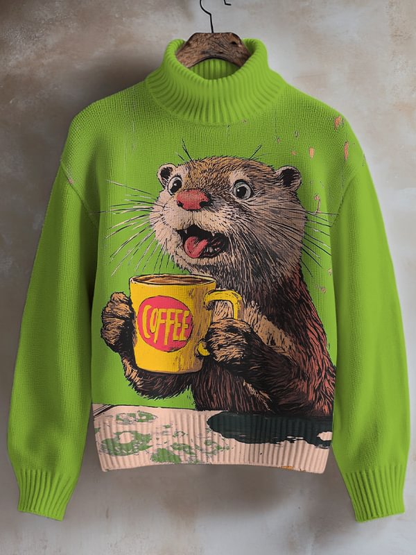 Women's The Otter Was Burned By The Coffee Print High Neck Knit Sweatshirt