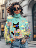 Women's Kimono Black Cat Flowers Print High Neck Knit Sweatshirt