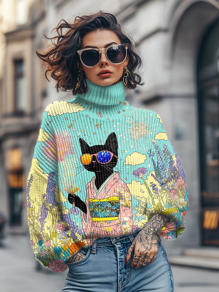 Women's Kimono Black Cat Flowers Print High Neck Knit Sweatshirt