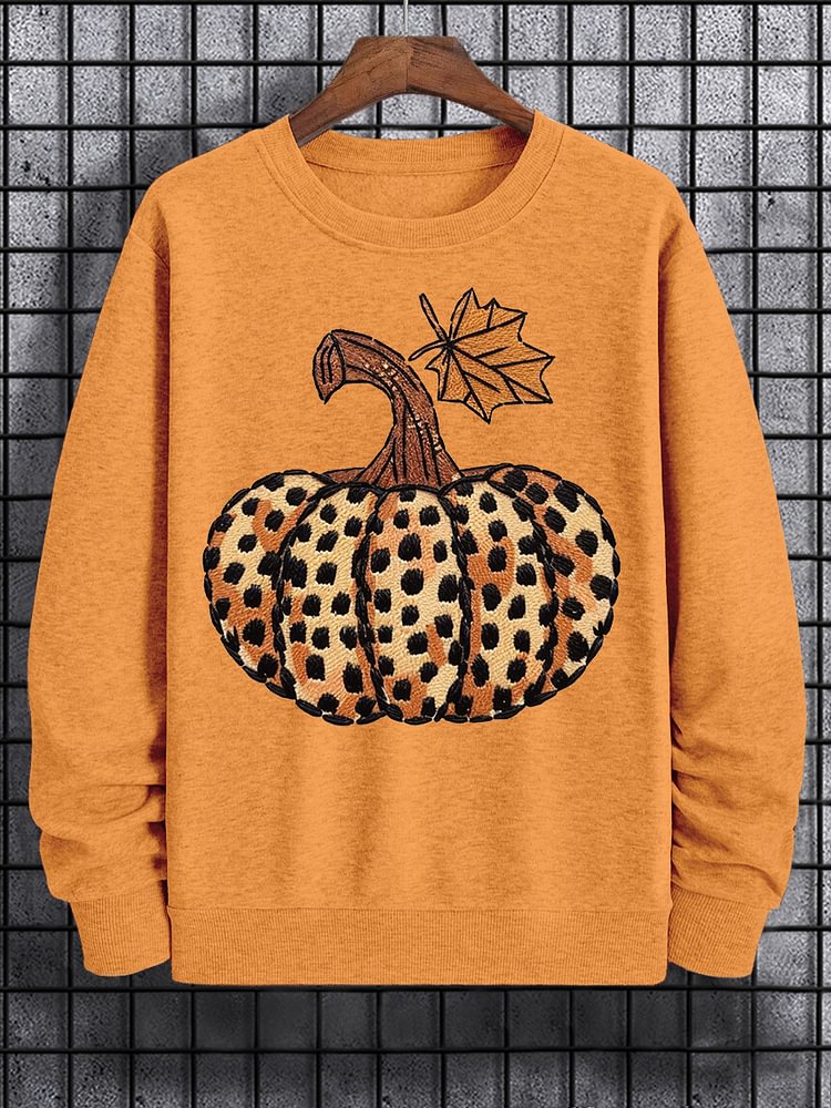 Men's Pumpkin Leopard Embroidery Print Cotton Casual Sweatshirt