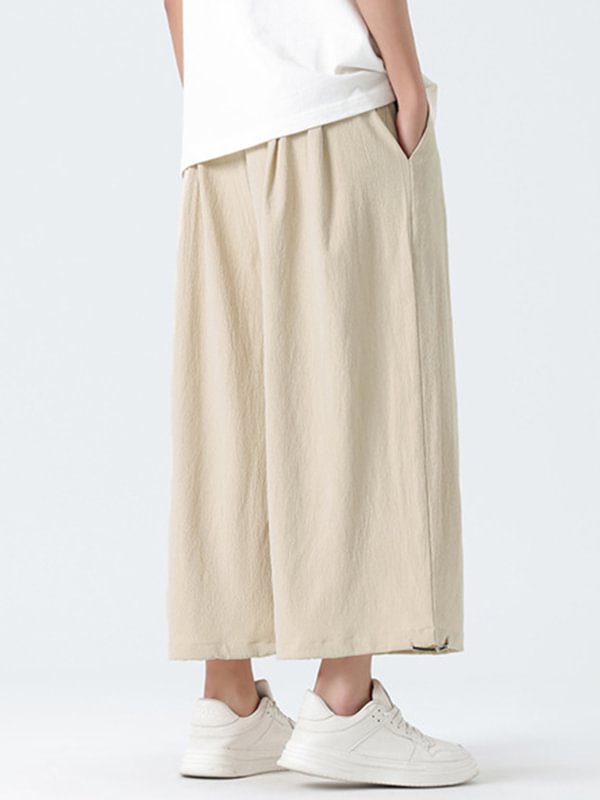 Men's Plain Loose Wide Leg Drawstring Waist Casual Cropped Pants