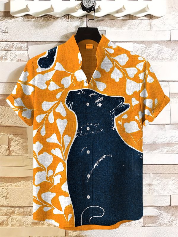 Men's Plant Black Cat Linocut Print Casual Shirt