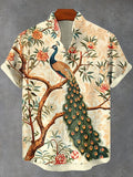 Men's Vintage Peacock Boho Tree Art Print Linen Blend Shirt
