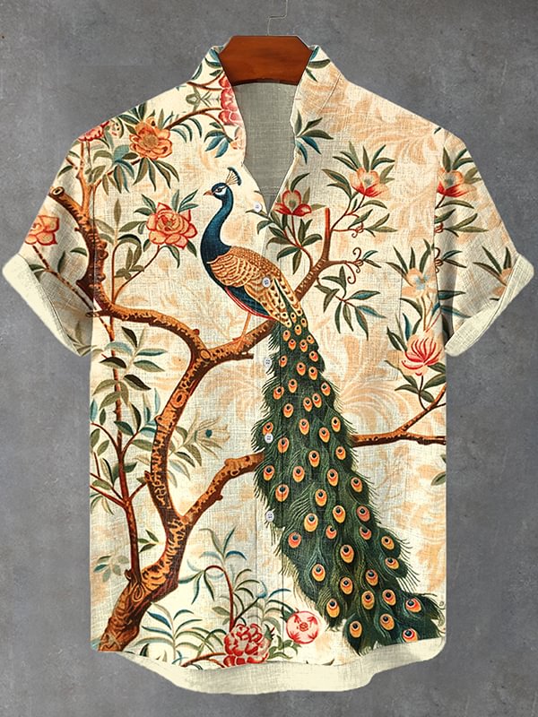 Men's Vintage Peacock Boho Tree Art Print Linen Blend Shirt