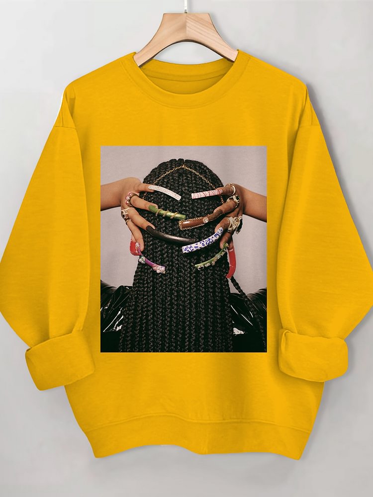 Women's Beautiful Braids And Nails Print Cotton Long Sleeve T-Shirt Thin Sweatshirt