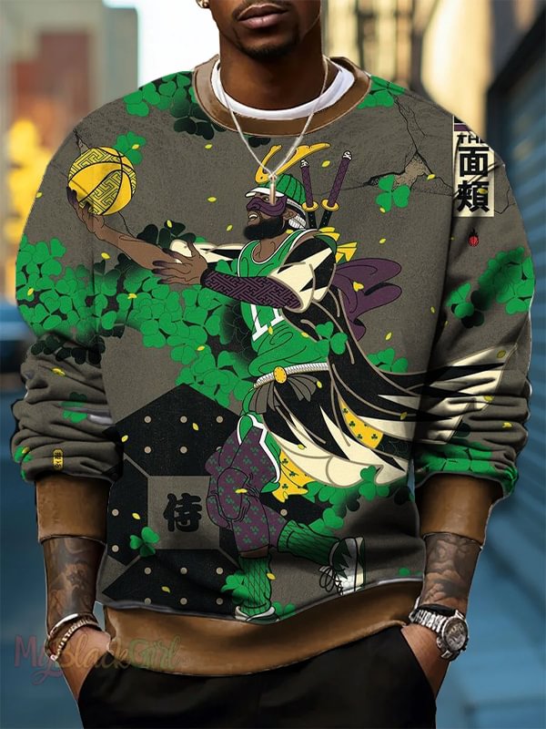 Men's Japanese Samurai Basketball Shamrock Print Casual Sweatshirt