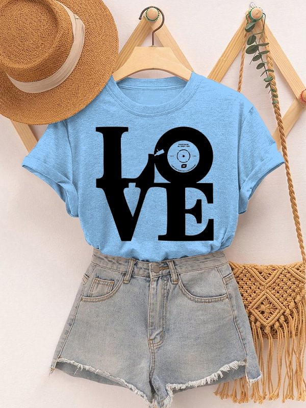Women's Love Vinyl Record Music Art Print Cotton Casual T-Shirt