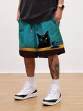 Men's Black Cat With Cup Of Coffee Art Print Shorts