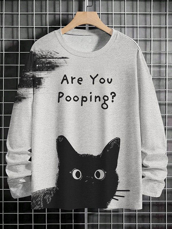 Men's Are You Pooping Black Cat Graphic Print Long Sleeve T-Shirt