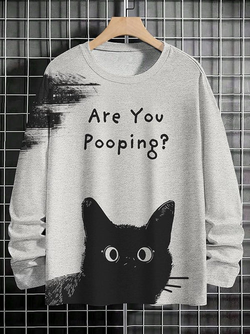 Men's Are You Pooping Black Cat Graphic Print Long Sleeve T-Shirt
