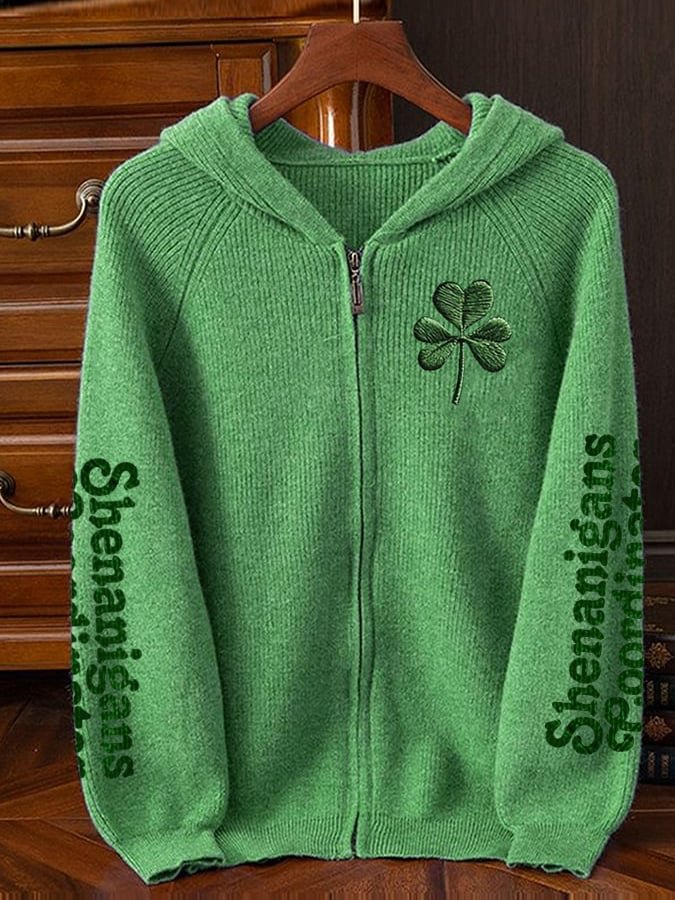 Men's St. Patrick's Day Shamrock Pattern Zip Up Hooded Knit Jacket