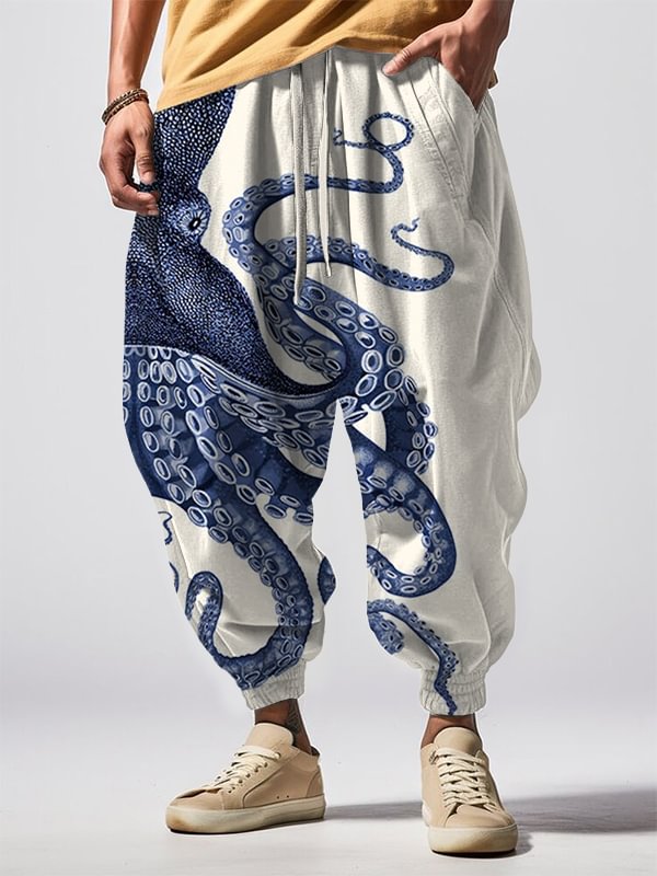 Men's Japanese Art Octopus Graphic Print Casual Loose Drawstring Waist Sweatpants