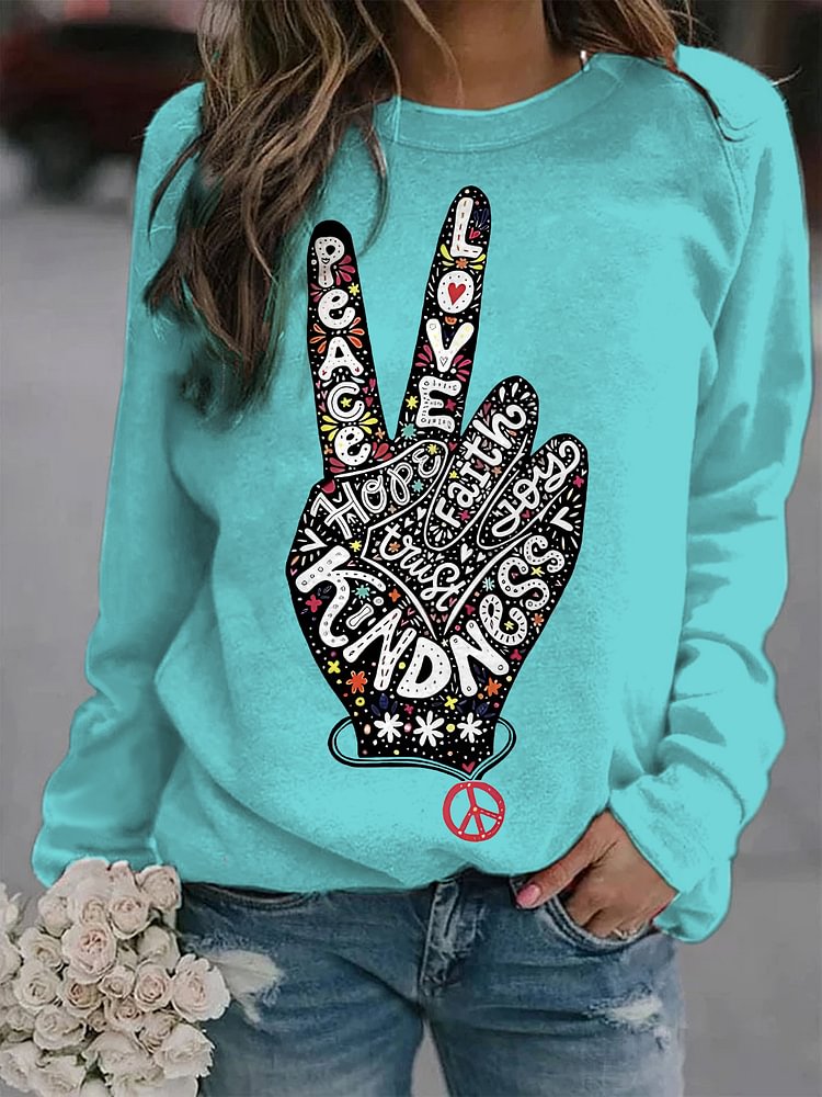 Women's Peace Love Hope Faith Joy Kindness Print Cotton Long Sleeve T-Shirt Thin Sweatshirt