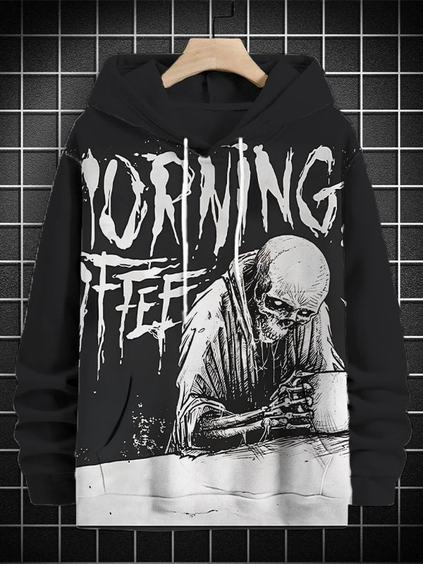 Men's Morning Coffee Skull Print Casual Hoodie