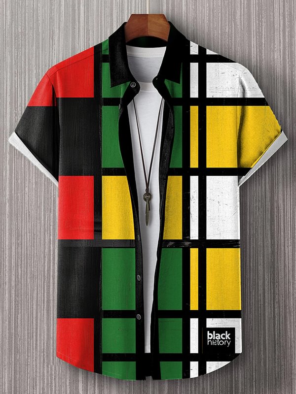 Men's Juneteenth Black Mondrian Art Print Shirt