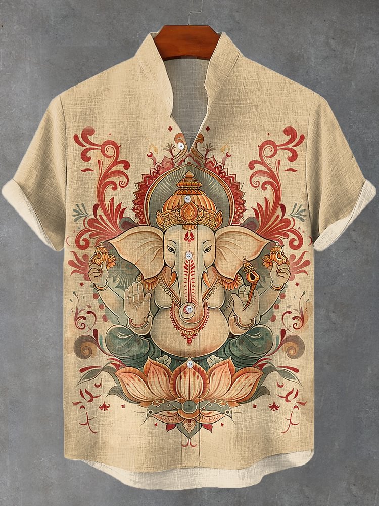Men's Retro Lotus Ganesha Spiritual Art Print Linen Blend Shirt