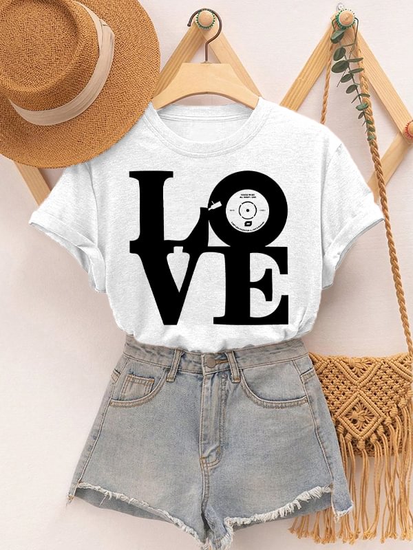 Women's Love Vinyl Record Music Art Print Cotton Casual T-Shirt