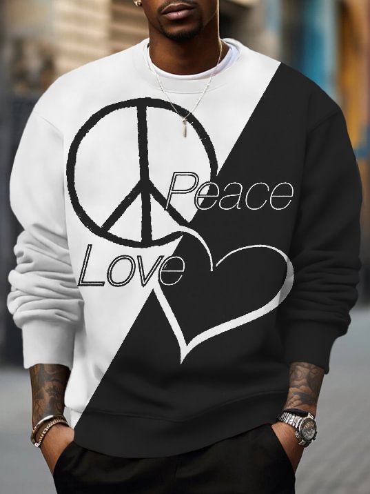 Men's Black And White Peace And Love Print Casual Sweatshirt