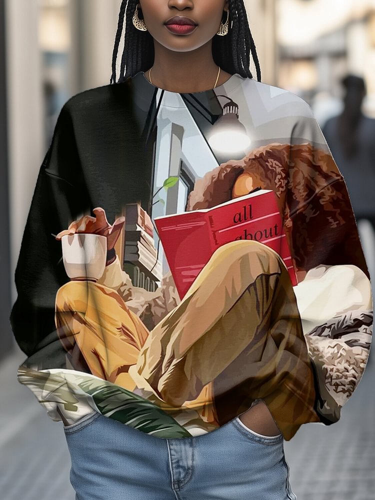 Women's A Black Girl Reading A Book Print Cozy Sweatshirt