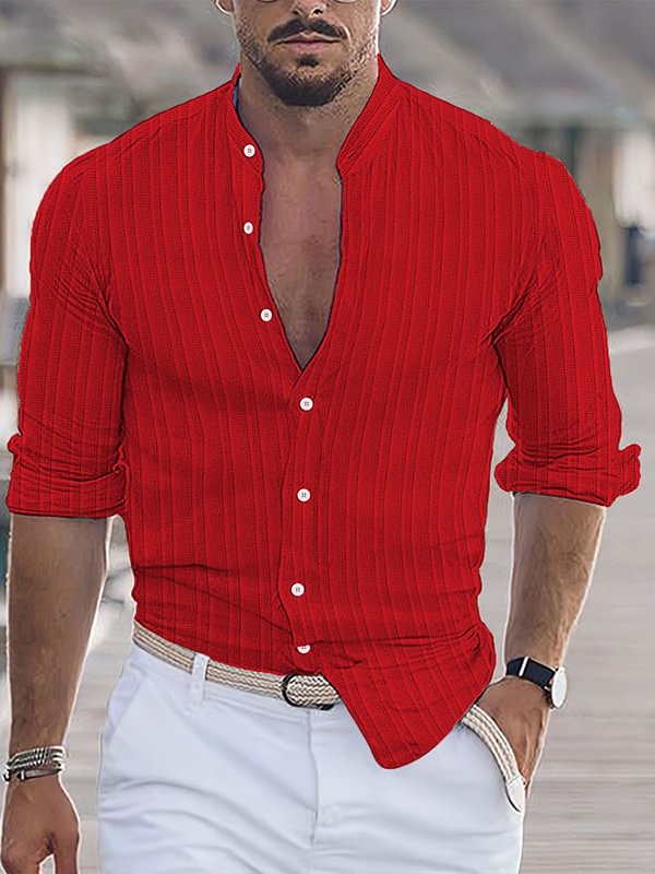 Men's Striped Jacquard Textured Button Long Sleeve Cotton Linen Shirt
