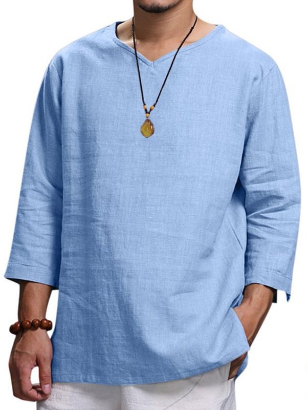 Men's Casual Plain V Neck Three Quarter Sleeve Linen T-Shirt