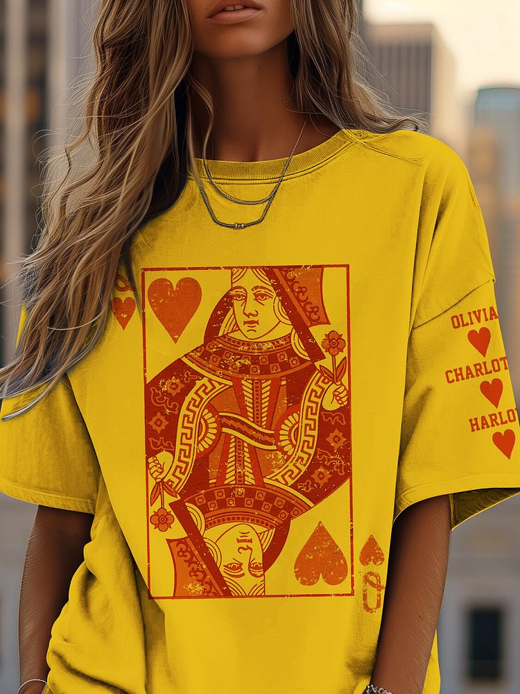 Women's Queen of Hearts Playing Card Print Cotton Casual T-Shirt