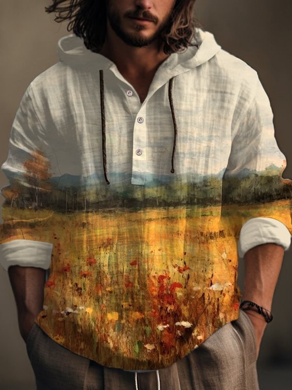 Men's Autumn Atmosphere Rural Oil Painting Print Hooded Shirt
