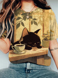 Women's The Cat Drinks Coffee In The Sun Print Casual T-Shirt